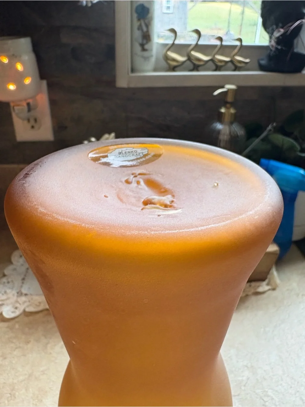 Vintage Blenko 12” Amber Frosted Satin Art Glass Vase Hand Blown MCM Label USA